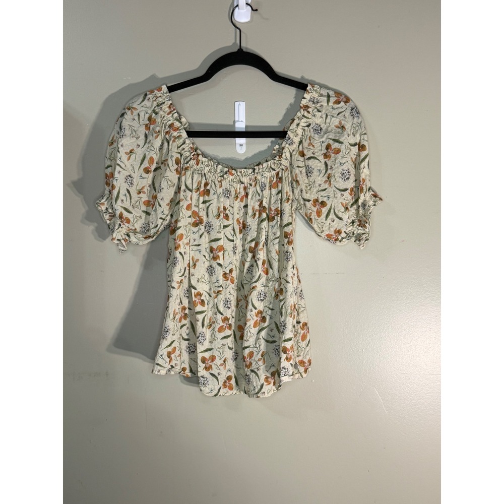 Yerse Floral Puff Sleeve Blouse Cream Cotton Viscose Square Neck Top